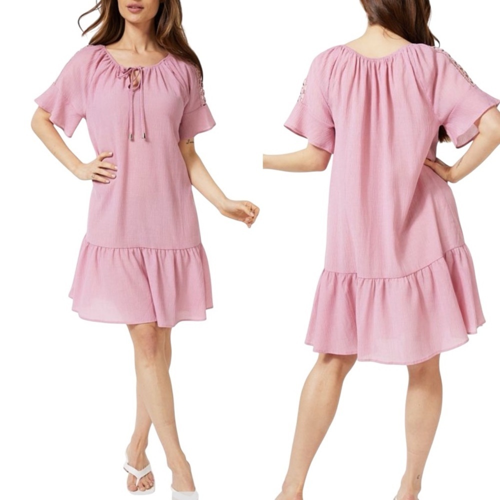 Esqualo Dress Pink Women’s 6 Ruffled Boho Crinkle Lightweight V-Neck Summer